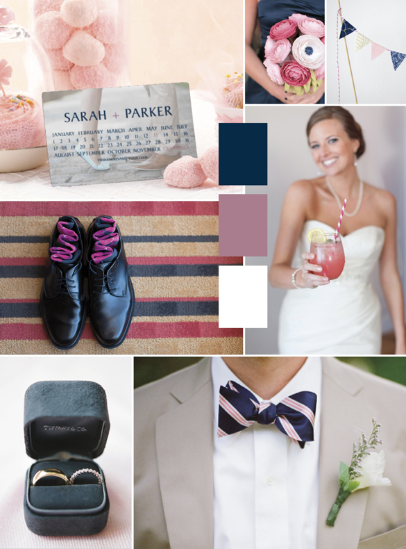 Modern wedding inspiration and save the date idea using a rose, blue and white color palette.