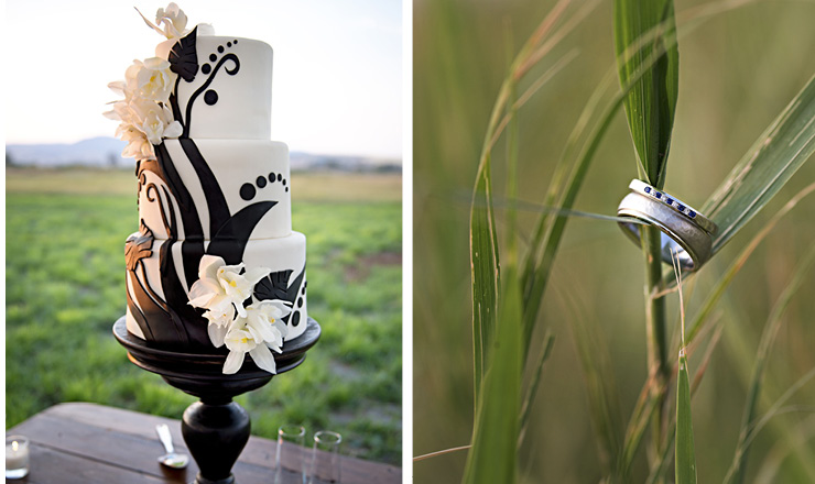 Three-tier floral adorned white and black cake + weddings photo