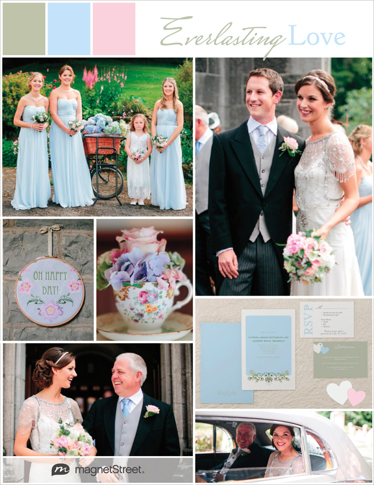 Modern vintage wedding inspiration in color palette of sage, sky and light pink