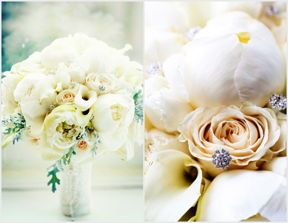 white wedding bouquet of roses, lilies, tulips