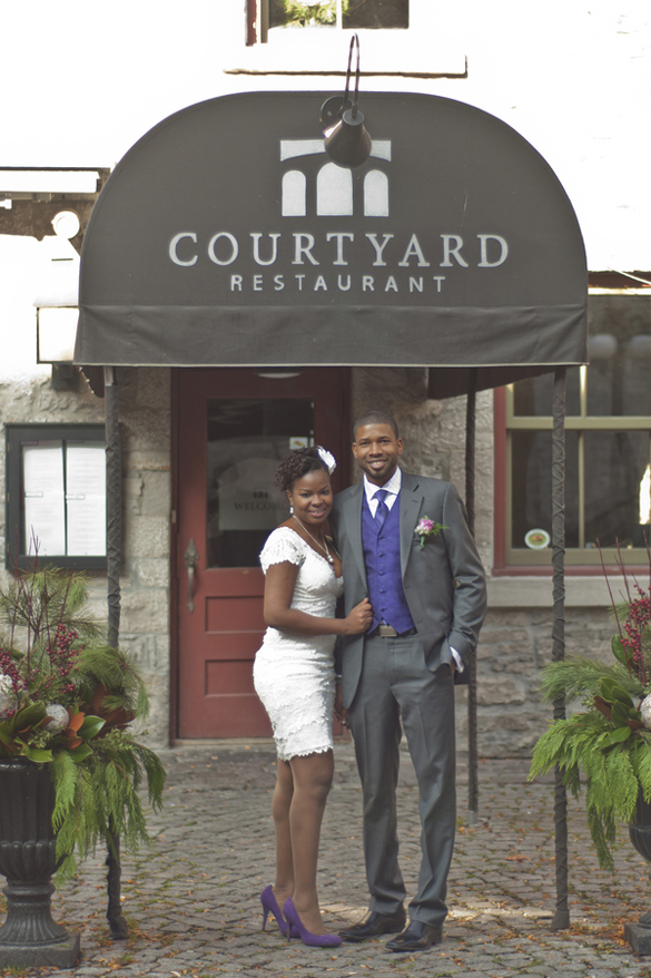 Bride and Groom at Courtyard Restaurant after their City Hall Wedding