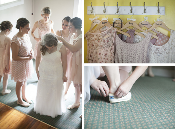 pink bridesmaid dresses and bride in TOMS Shoes