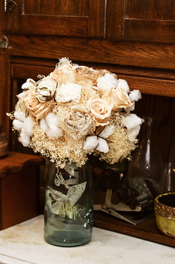 Large southern wedding bouquet with cotton