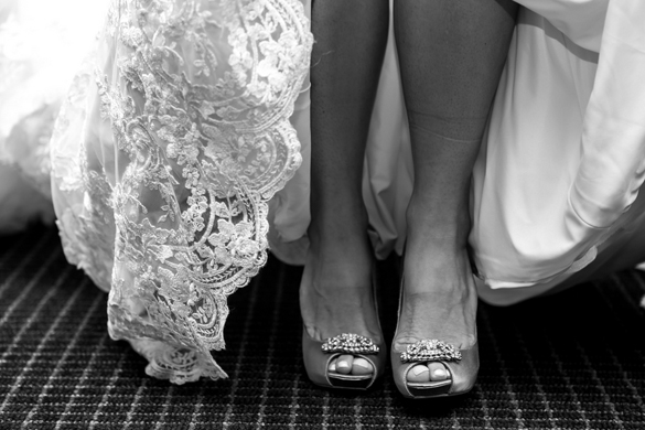 black and white photo of lace wedding dress