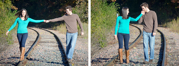 engagement photos of couple on railroad tracks