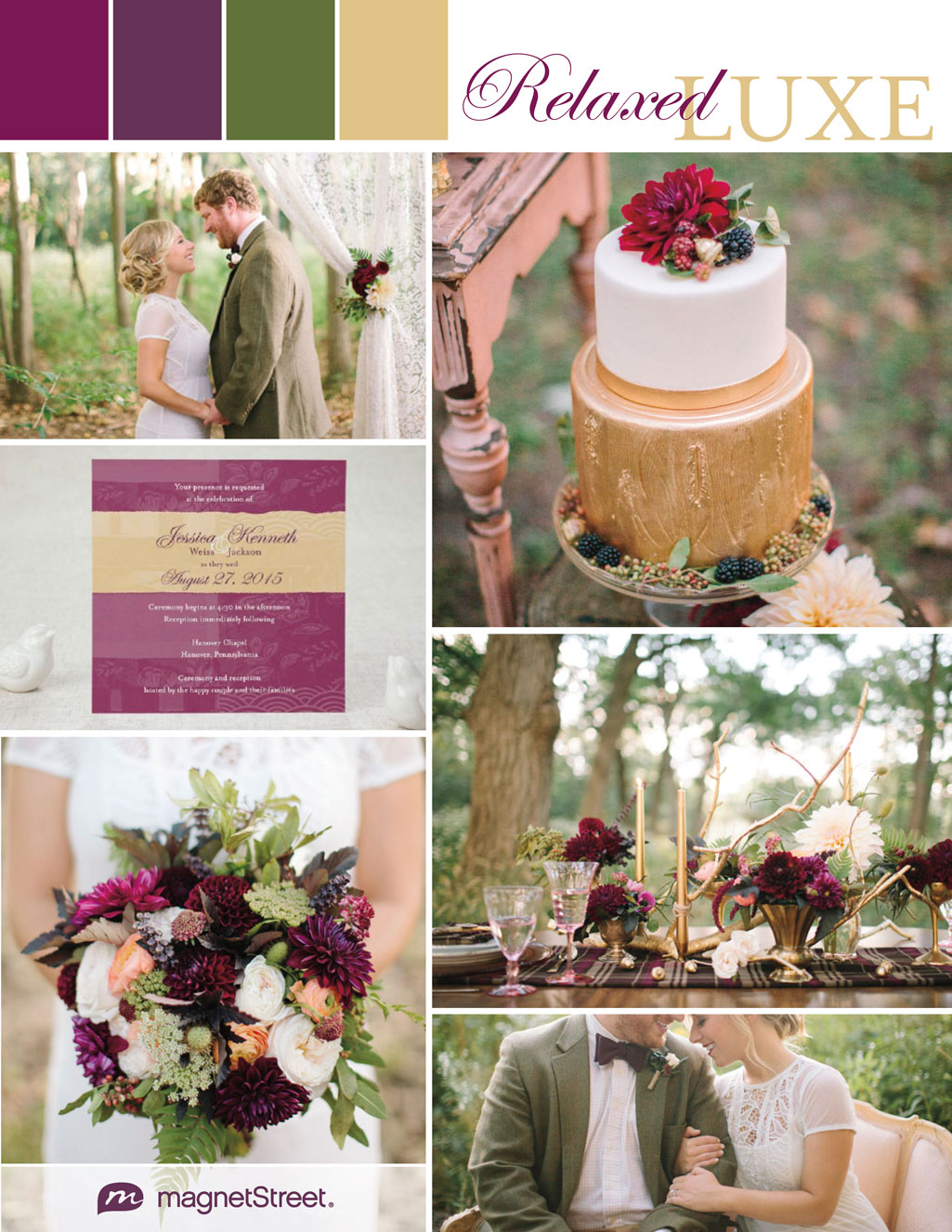 Regal and rustic wedding ideas in purple, green and gold from MagnetStreet