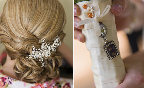 wedding hair and charm bouquet