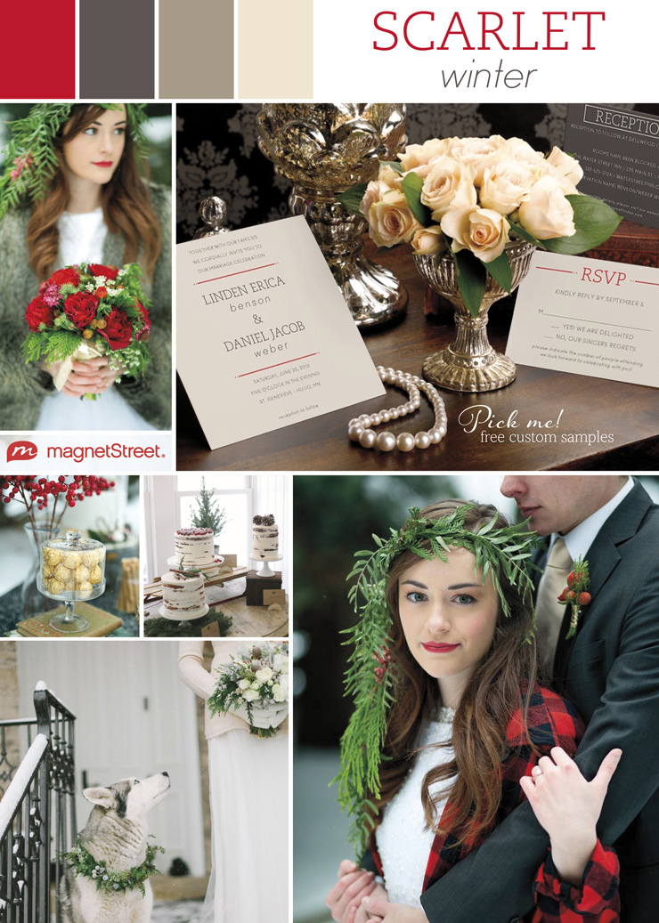 Red, gray winter wedding inspiration board and color palette
