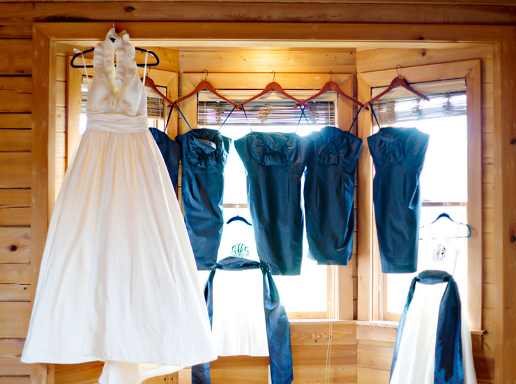 Hanging wedding and bridesmaids dresses