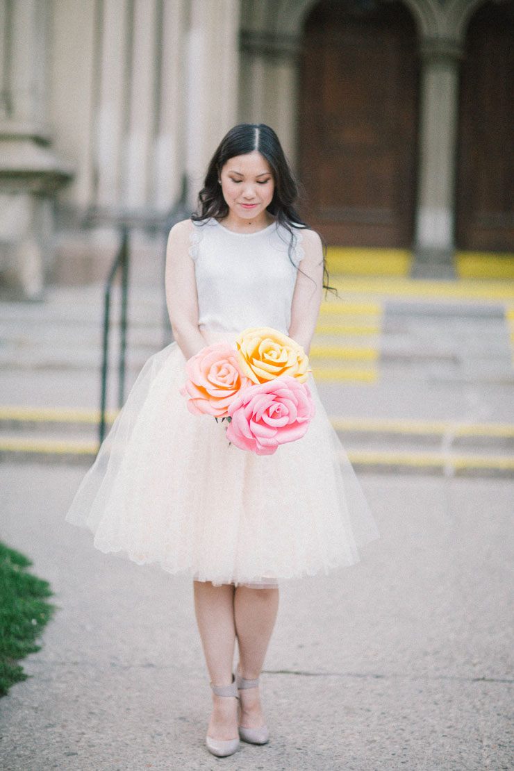 Urban engagement photos and DIY doublet crepe paper flowers-photo by Julia Park Photography