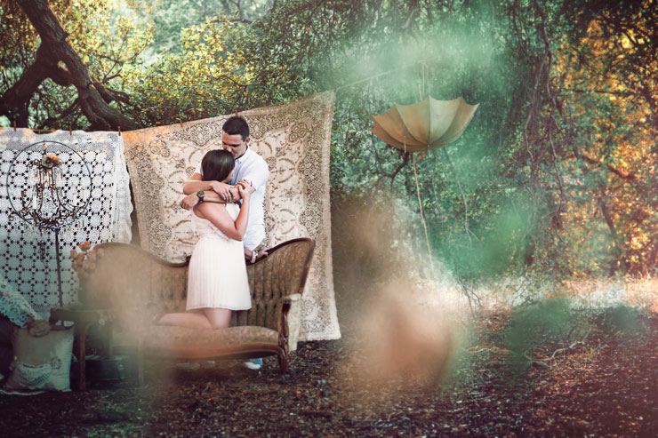 Rustic vintage engagement shoot with props