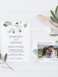 Matching wedding invitation and save the date card surrounded by sprigs