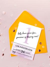 Birthday party invitation on top of yellow envelope surrounded by confetti