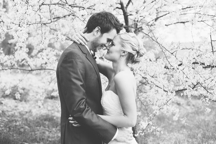 Black and white photo of bride and groom