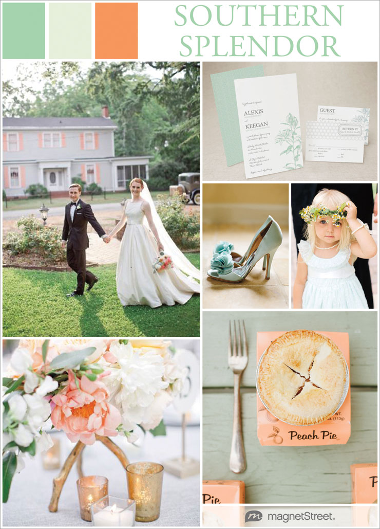 Southern wedding ideas and invitations with a mint and peach color palette