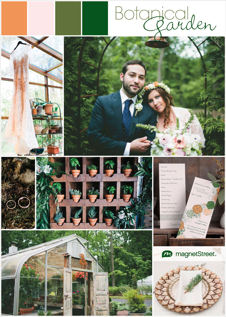 Botanical garden wedding inspiration in a color palette of sunset orange, soft pink, olive and hunter greens