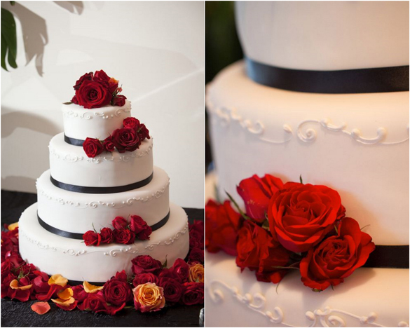 black, white and red theme wedding cake