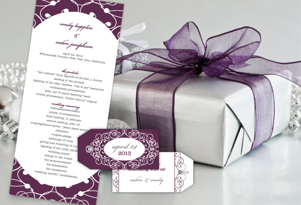 Romantic Ruche Wedding Programs & Tags personalized in eggplant