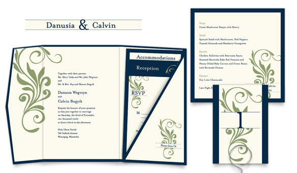 Green and blue pocket wedding invite, menu card & table number