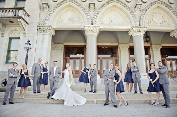 Wedding party in blue and gray.