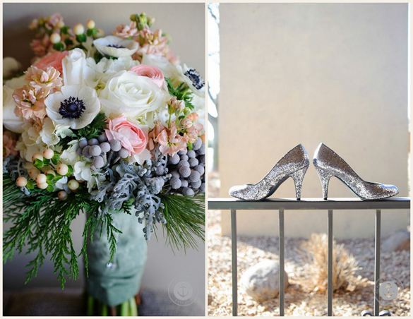 winter wedding bouquet and glittery shoes
