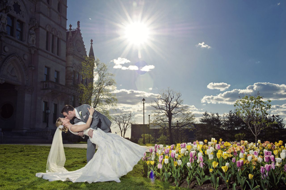 Wedding photo with blooming tulips