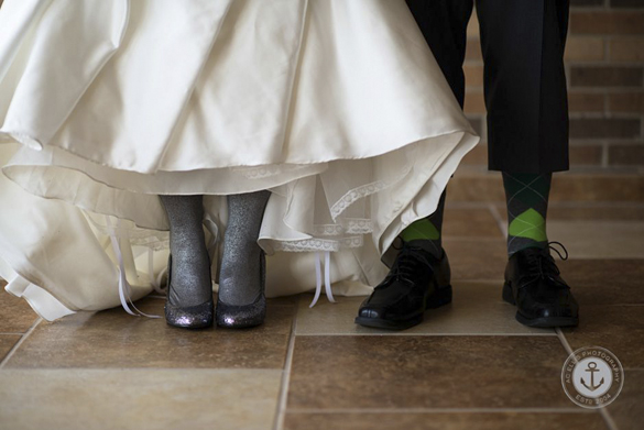 Brides glitter shoes and groom's argyle socks