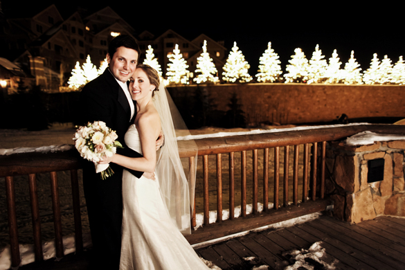 Bride and Groom photo outside at their winter destination wedding at Deer Valley Resort in Park City, Utah