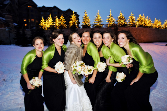 Bridesmaids in green pashminas in winter destination wedding at Deer Valley Resort in Park City, Utah