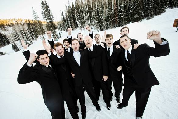 Groomsmen in black tuxes at winter destination wedding at Deer Valley Resort in Park City, Utah