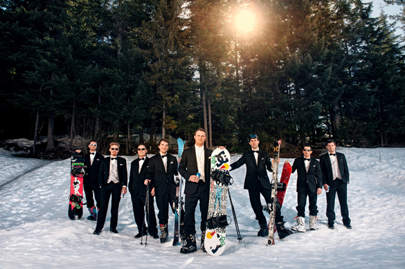 Groomsmen ready to snowboard at winter wedding in Whistler, British Columbia