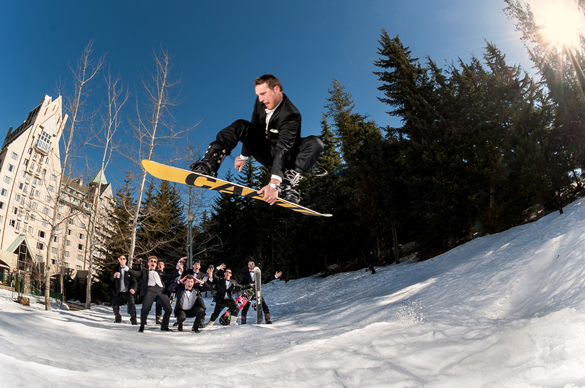 Snowboarding at winter wedding in Whistler, British Columbia