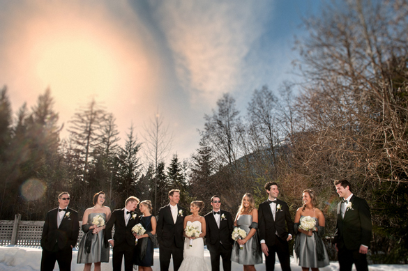 Wedding Party outside at winter wedding in Whistler, British Columbia