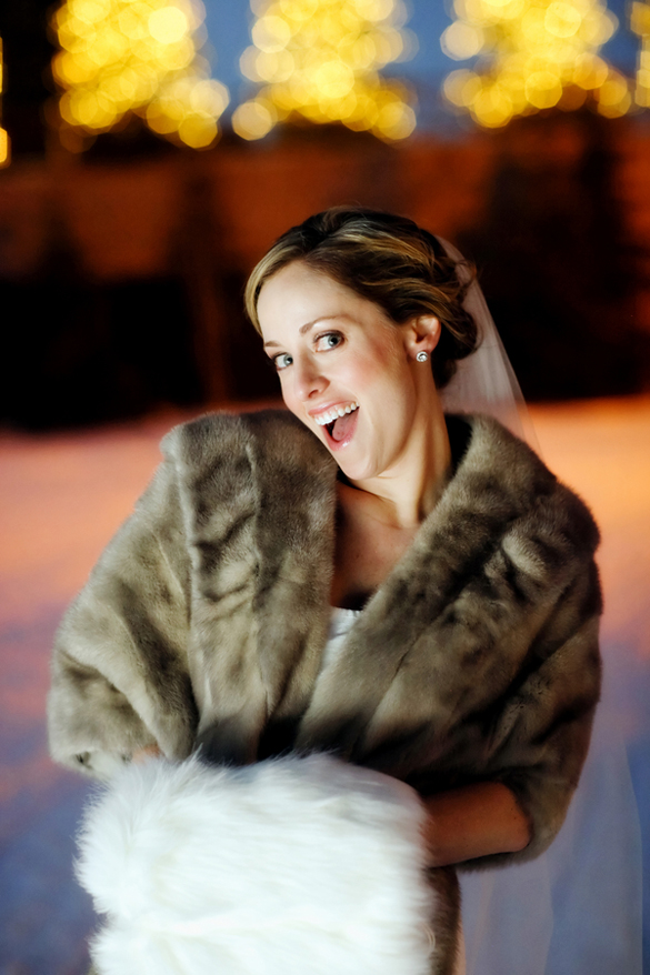 bride in fur stole at winter destination wedding