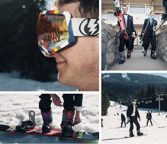 groomsmen snowboarding at winter wedding in Whistler, BC