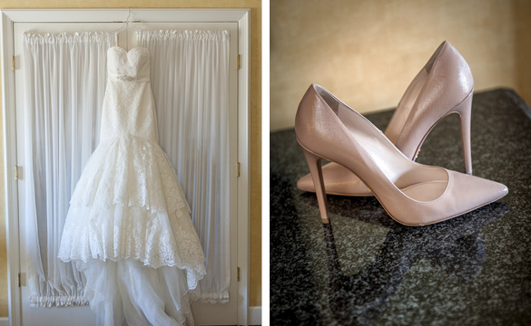 wedding dress and pink shoes