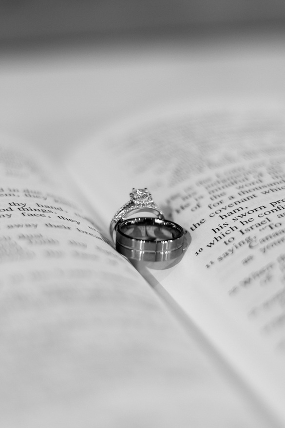 black and white photo of wedding rings in The Bible.