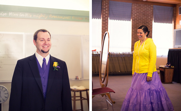 Bride and Groom getting ready: purple and yellow wedding colors