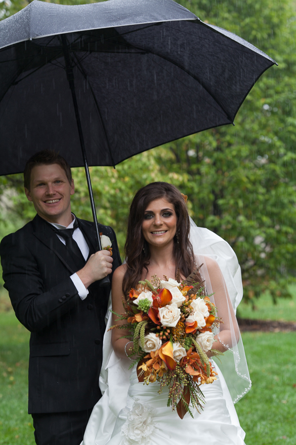Rainy wedding day photo at Morton Arboretum