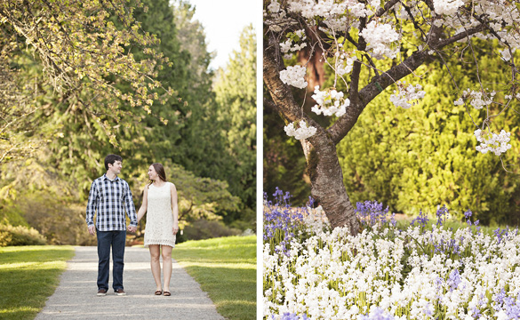 Couple walking along pathway in Seattle arboretum. 