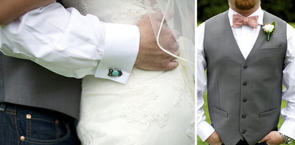groom's pink bow tie and turquoise cufflink