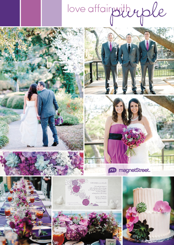 A pretty palette of purples for a summer wedding that celebrates the lush floral trend--from the wedding bouquet to the wedding invitation.