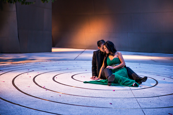 artsy-romantic engagement photo of couple at Walt Disney Concert Hall