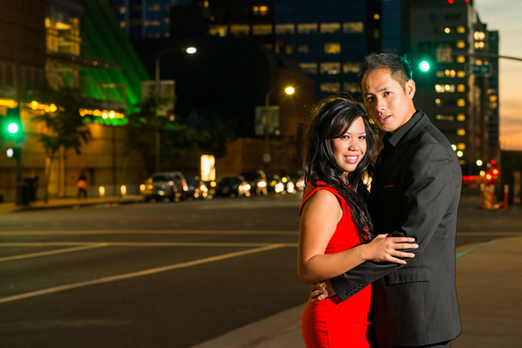 nighttime L.A. engagement photo of couple