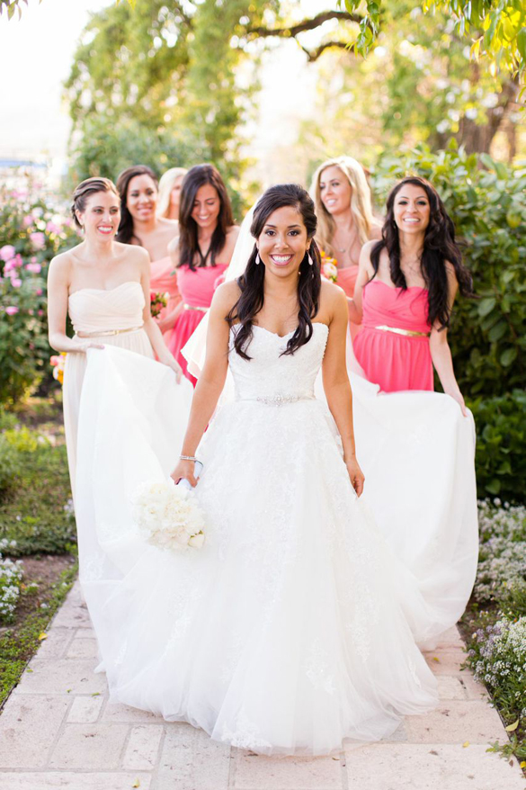 Bride + bridesmaids in coral and peach