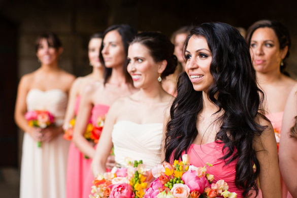 Bridesmaids in coral and peach