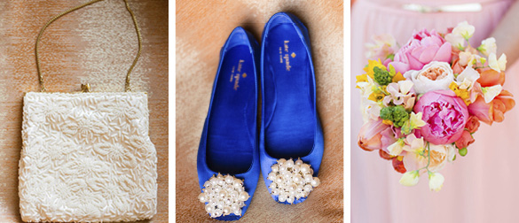 blue wedding shoes and pearl purse