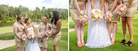 bride with bridesmaids in short gold bridesmaid dresses and mix-matched shoes