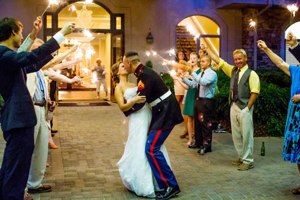 military couple sparkler send-off for 