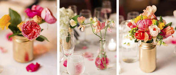 Floral centerpieces of coral peonies in painted gold mason jars